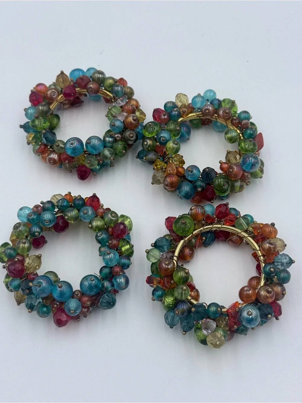 Vintage Pier 1 Glass Beaded Napkin Rings, Set Of 4, Boho, Colorful, Gold Rings